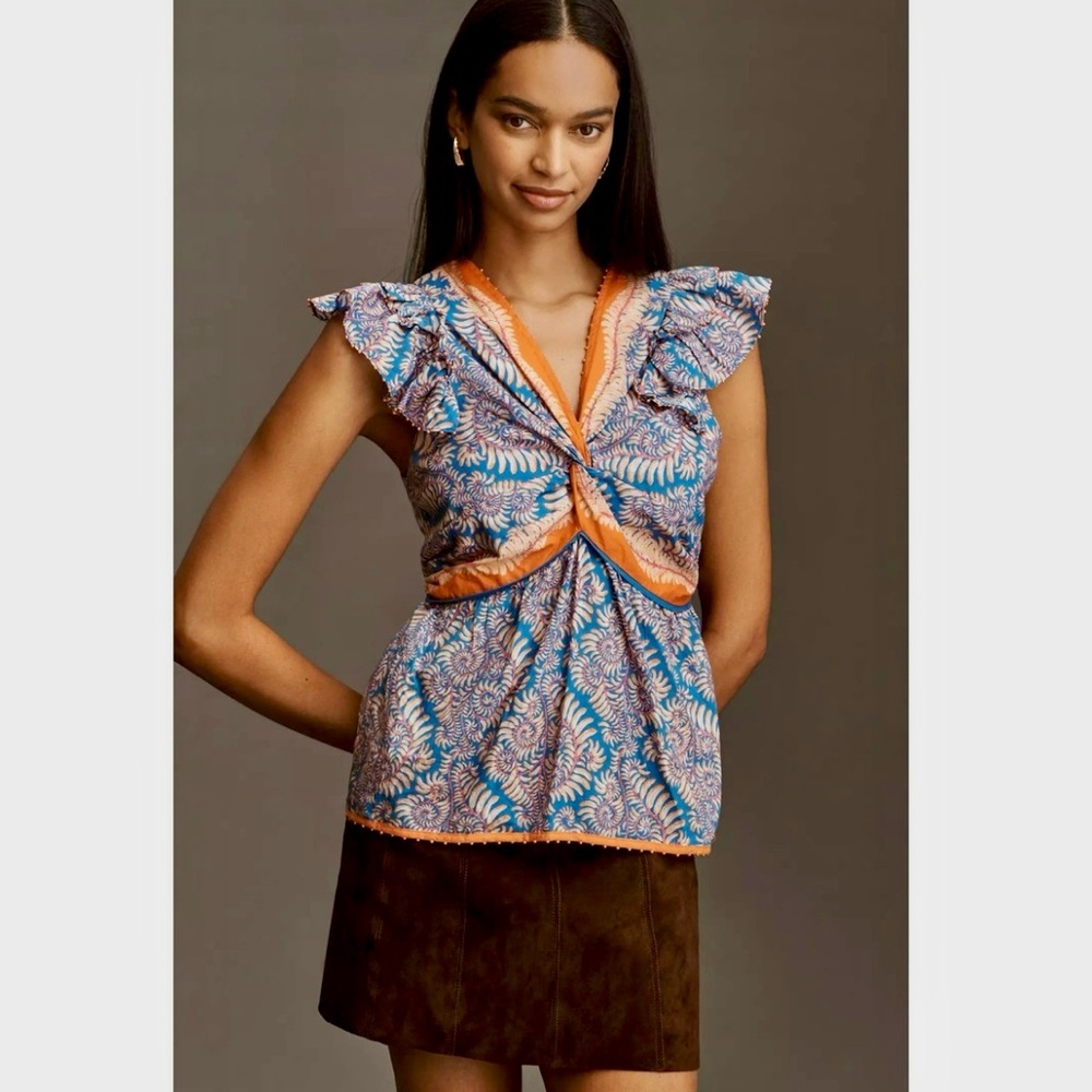 FARM Rio x Anthropologie Flutter Sleeve Beaded Floral Paisley Top Size XS NWT